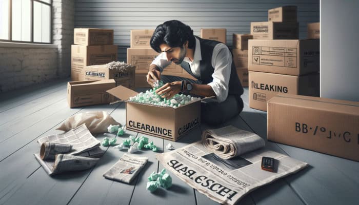 Affordable Packing: Person packing clearance items using recycled materials like cardboard, newspaper, and old fabrics for eco-friendly packing.
