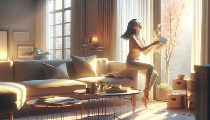 A serene, clutter-free living room in spring light, symbolizing mental clarity and well-being.