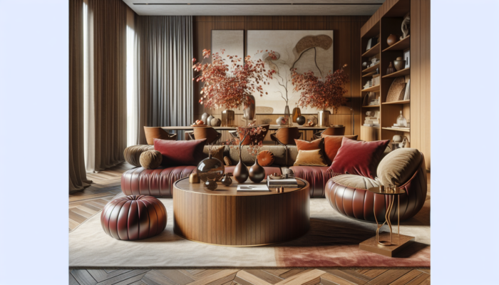 Autumn Furniture Trends: Cozy autumn living room with burgundy and brown furniture, organic shapes, and natural materials like wood and stone.