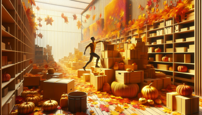 Person navigating store with autumn furniture, timing purchases during vibrant clearance sale, surrounded by seasonal decor and signs.