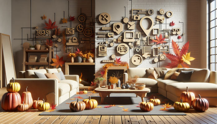 Autumn living room with discounted furniture, fireplace, fall leaves, pumpkins, and promotional elements.