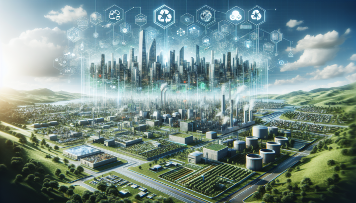 A futuristic cityscape with advanced waste management systems, lush greenery, and clean air, symbolizing sustainability.