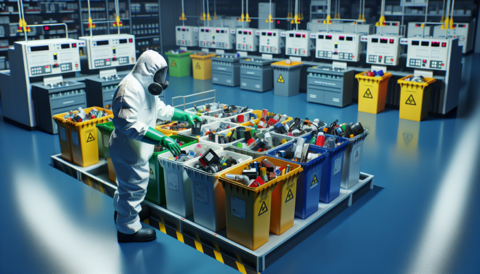 A hazmat-suited worker sorting hazardous waste into labeled containers in a disposal facility.