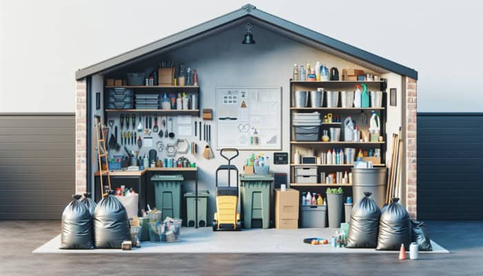 A modern garage with neatly arranged house clearance tools including trash bags, bins, a dolly, and cleaning supplies.