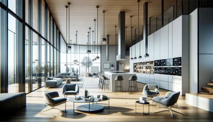 A modern home with sleek lines, minimalistic furniture, expansive windows, and integrated smart technology.