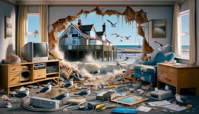 Coastal erosion, humidity, and salty air impacting furniture and electronics in Bournemouth, with seagulls present.