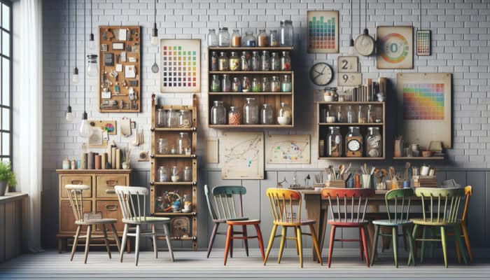 A corner of a home showcasing repurposed items like jars for storage, a ladder as a bookshelf, and painted chairs as a dining set.