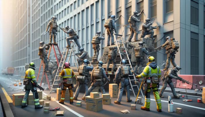 Urban clearance workers in safety gear using tools and a spotter for ladder stability in a cramped city space.