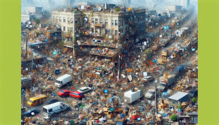 A bustling urban scene in Luton with diverse residential properties and various items, illustrating urban house clearance dynamics.