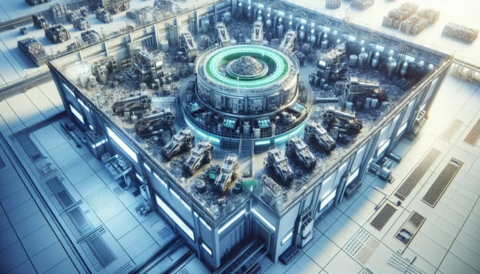 Advanced Recycling Methods: Advanced recycling facility with futuristic machines processing complex materials into high-quality raw resources.