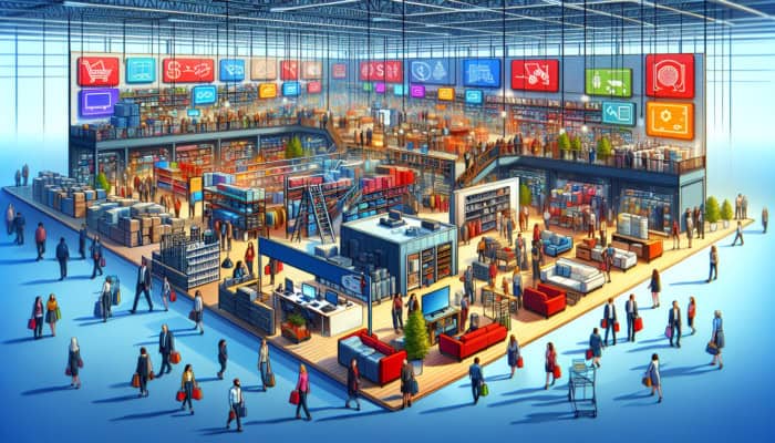 A busy warehouse showcasing clearance services for electronics, furniture, and clothing, with shoppers and vibrant signs.