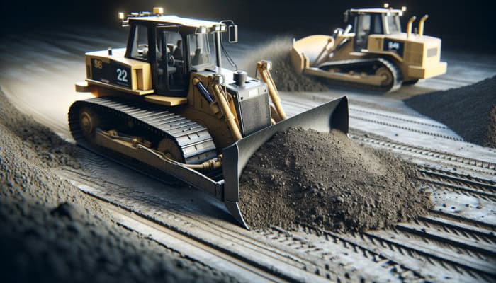 Bulldozer with straight blade grading flat surface and U-blade moving loose dirt on construction site.