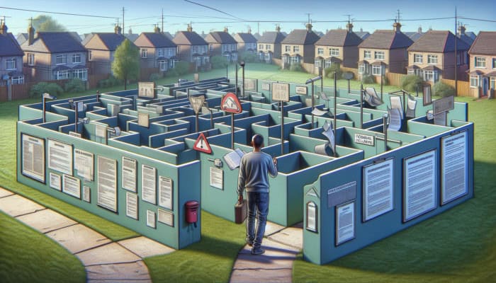 A person navigating a maze of local council documents with UK houses in the background.