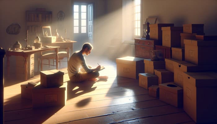 Person in sunlit room, writing in journal amidst labeled boxes and family heirlooms, preparing for house clearance.