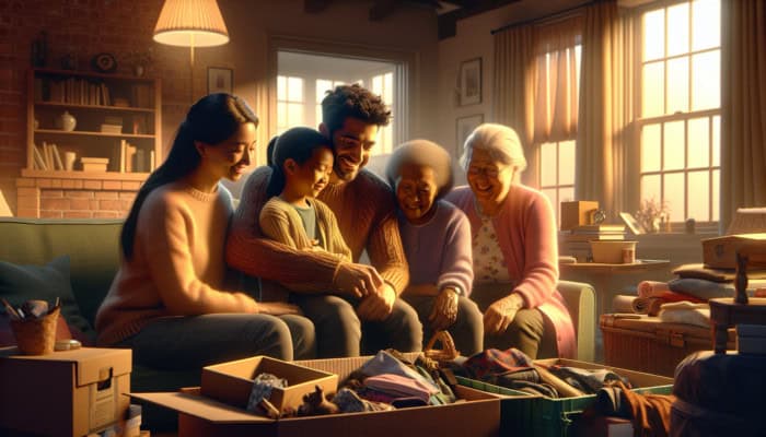 UK family in living room, sorting belongings, sharing memories, turning grief into celebration.