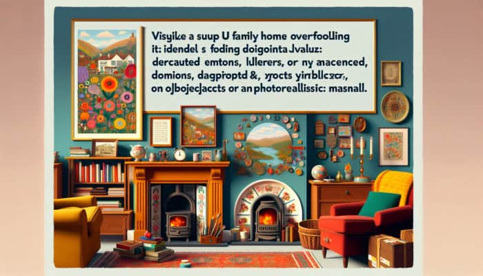 A cozy UK family home with a child's first artwork and an antique family heirloom, evoking cherished memories.