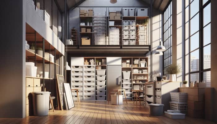 UK loft organized with stackable bins and shelving from IKEA and Argos, maximizing vertical space.