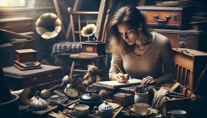 A person assessing a cluttered attic, inventorying vintage items to evaluate their value.