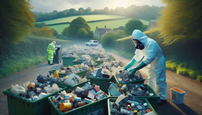 Person in hazmat suit sorting hazardous waste into bins, UK countryside, environmental officer overseeing.