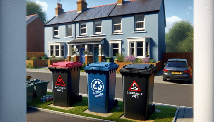 UK house clearance with labeled bins for hazardous, recyclable, and general waste in a suburban home.