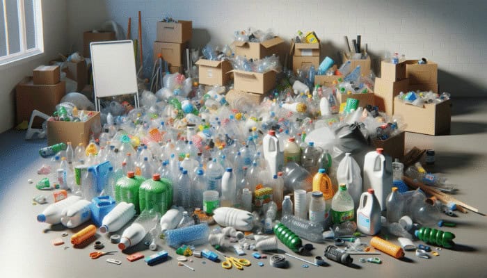 Assorted plastic items including PET bottles, HDPE jugs, and PVC pipes in a UK house clearance.