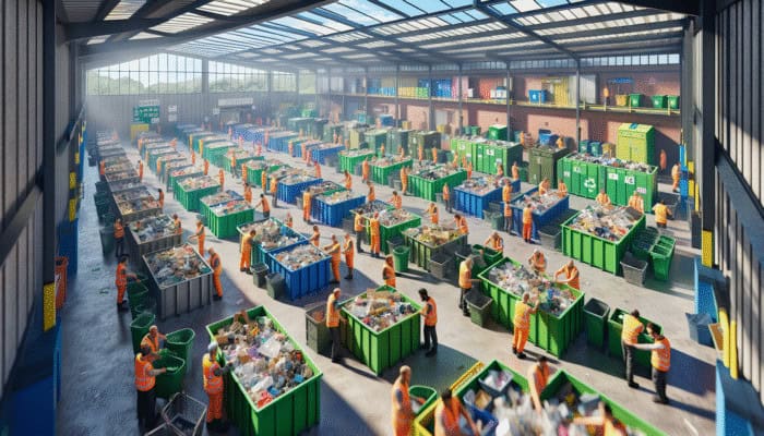 UK recycling center with bins for paper, plastic, glass, workers and citizens sorting waste under a bright sky.