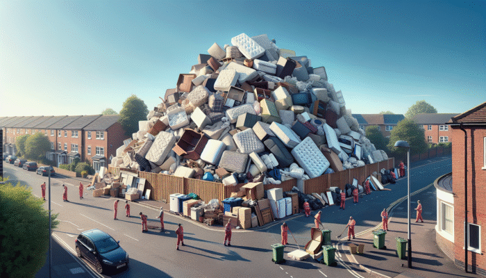 Oversized furniture, appliances, and mattresses on a UK street, being sorted by council workers for sustainable disposal.