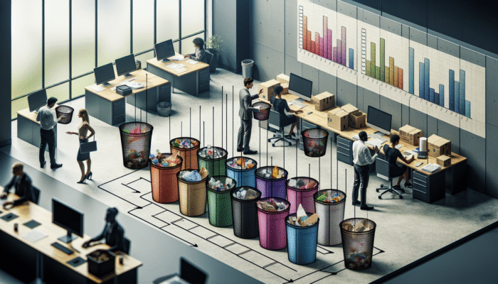 Workers sorting office waste into labeled bins, with waste reduction statistics displayed in the background.
