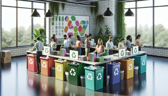 A UK office with a well-organized recycling station, featuring bins for paper, plastic, and glass, surrounded by engaged employees and green plants.
