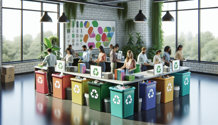 A UK office with a well-organized recycling station, featuring bins for paper, plastic, and glass, surrounded by engaged employees and green plants.
