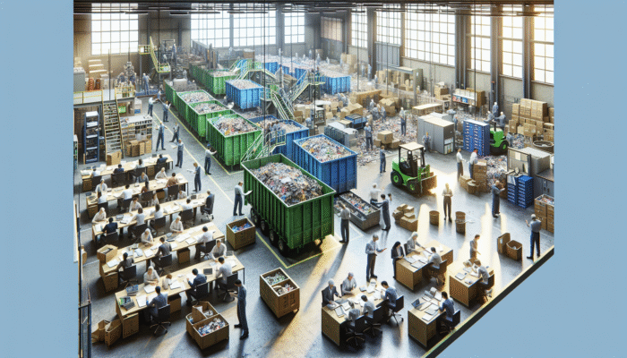 Local recycling facility workers sorting materials, collaborating with office workers on sustainability efforts.