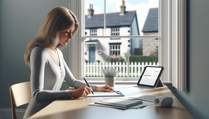 Person signing Lasting Power of Attorney at desk, UK home visible through window, symbolizing remote management.