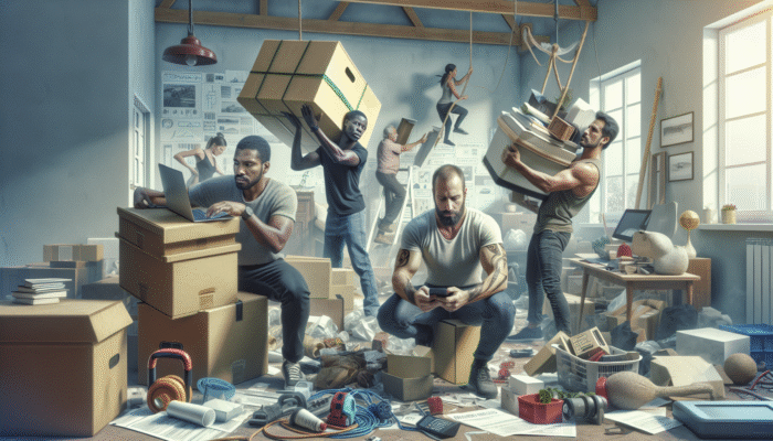 A diverse team in a cluttered house, each focused on organizing, lifting, and coordinating for a successful clearance.