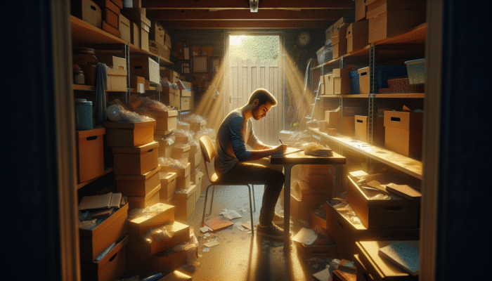 A person in a UK garage, journaling amidst boxes and cherished items, reflecting in sunlight.