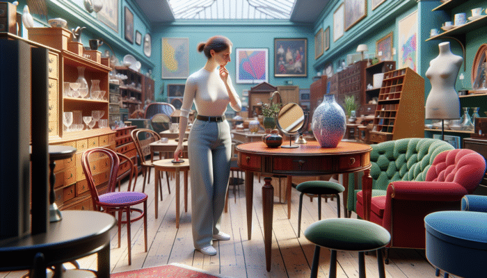 Budget Furniture Tips for House Clearance: A person browsing a colorful UK charity shop with eclectic vintage and modern furniture at low prices.