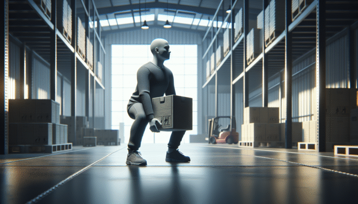 Person demonstrating proper lifting technique in warehouse, lifting heavy object with correct posture.