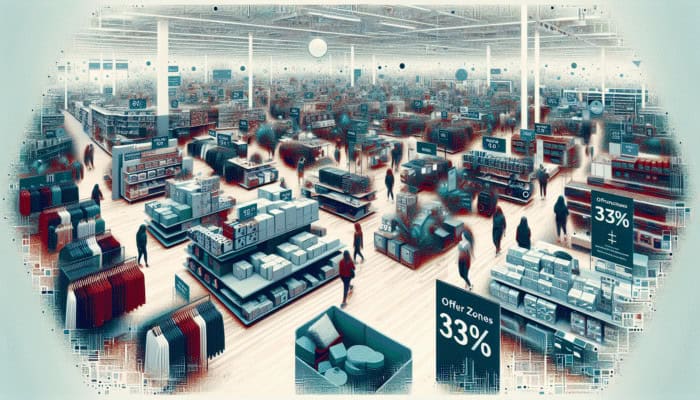 UK retail store clearance section with discounted apparel, electronics, home goods with minor flaws, marked down for quick sales.