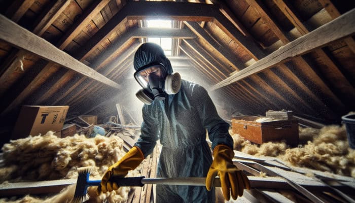 Clearing a UK Attic with Care: Person wearing gloves, mask, and eyewear, safely clearing a dusty UK attic.