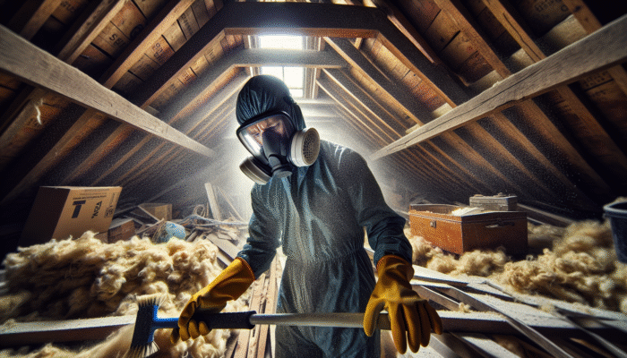 Clearing a UK Attic with Care: Person wearing gloves, mask, and eyewear, safely clearing a dusty UK attic.