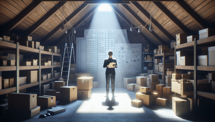Person in attic with organized boxes, consulting schedule on clipboard, natural light through window.
