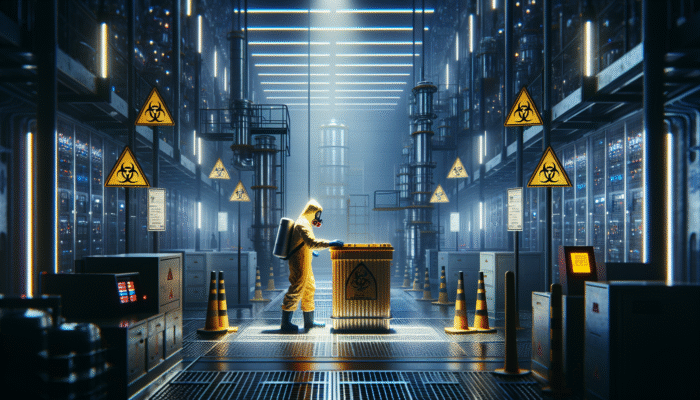 A hazmat-suited worker handling a glowing toxic waste container in a secured industrial facility with safety measures.