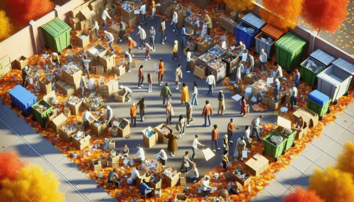 Autumn Eco Trends in House Clearance: People sorting recyclables at a local center amidst autumn leaves, promoting sustainable house clearance.