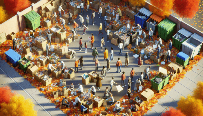 Autumn Eco Trends in House Clearance: People sorting recyclables at a local center amidst autumn leaves, promoting sustainable house clearance.