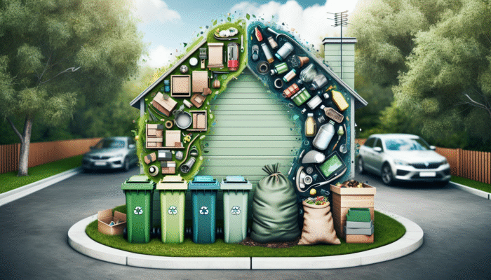 Eco Disposal: A residential scene with recycling bins, composting, and reusable items, promoting eco-friendly waste management.