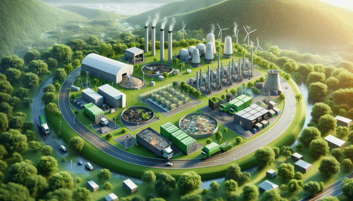 Various eco-friendly waste disposal facilities in a green landscape, promoting sustainable waste management.