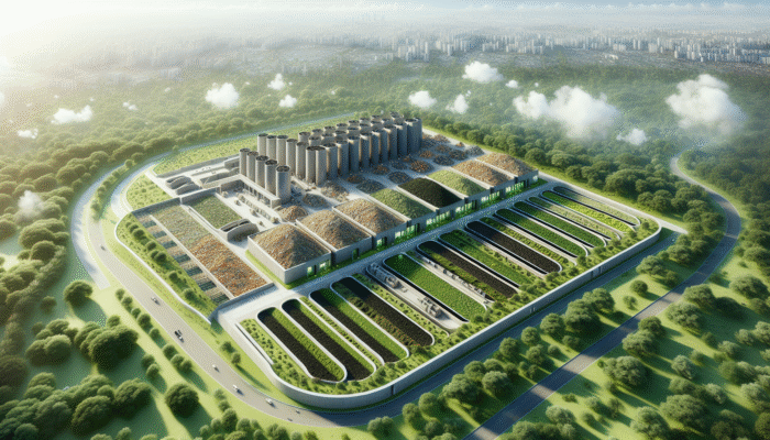 Aerial view of a modern composting facility transforming organic waste into rich soil amidst lush greenery.