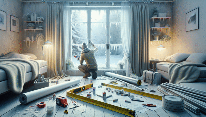 Winter Packing Hacks For House Clearance: UK winter home inspection focusing on sealing drafts with weather stripping, caulk, draft stoppers, and heavy curtains.