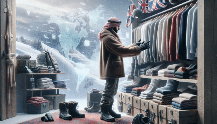 A person choosing warm clothes like sweaters, gloves, and boots in a snowy UK scene with Big Ben.