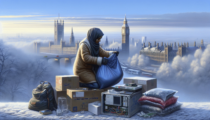 A person packing winter clothes and electronics into moisture-proof and vacuum-sealed bags in a misty UK winter landscape.