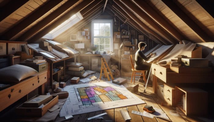 Clearing a UK Attic Affordably: Detailed attic assessment in UK home: measuring, cataloging items, optimizing space, blueprint, natural light.